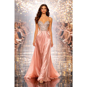 Blush Satin Beaded Cutout Evening Gown Open Strappy Back sz 6 Silver Jewel Prom